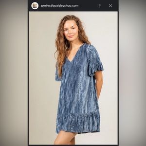 NWT loveriche Blue Velvet Dress with ruffle sleeves, Size Small